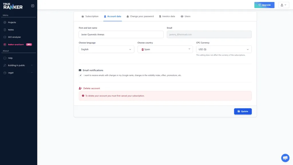 The Account data tab: first and last name, a read-only email field, language, country and CPC currency dropdowns, an email-notifications checkbox, and a Delete account warning above the Update button.