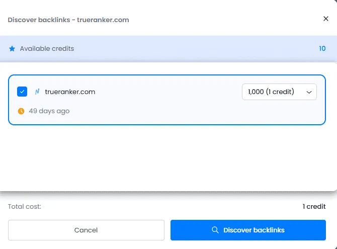Diálogo Discover backlinks para trueranker.com con créditos disponibles y el pack de 1.000 enlaces / 1 crédito.
