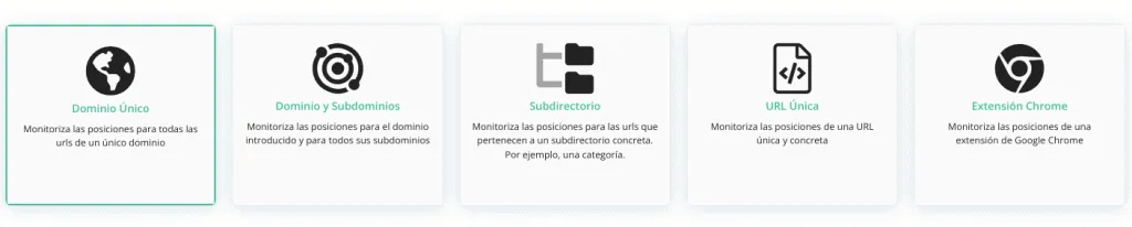 Cinco tarjetas de tipo de proyecto: Dominio Único (seleccionado), Dominio y Subdominios, Subdirectorio, URL Única y Extensión Chrome.