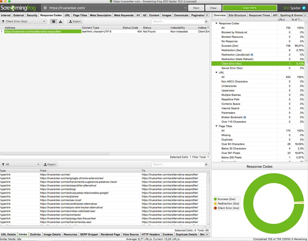 Screaming Frog Response Codes tab filtered to Client Error 4xx, showing one 404 URL and its Inlinks.