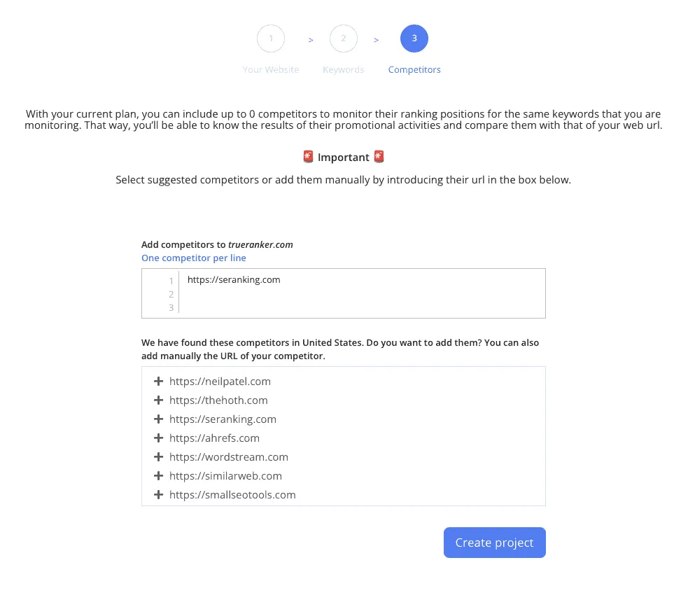Step 3 of the wizard: the competitor box with one URL typed in, TrueRanker’s list of suggested competitor domains below it, and the Create project button.