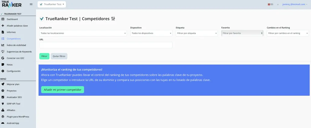Página vacía de Competidores con el botón Añadir mi primer competidor.