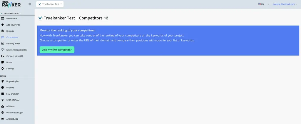 Empty Competitors page with the Add my first competitor button.