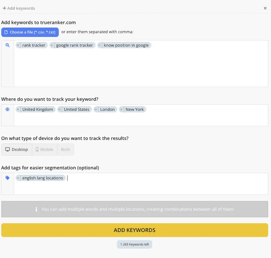 Add keywords dialog with the tag english lang locations and Desktop selected.