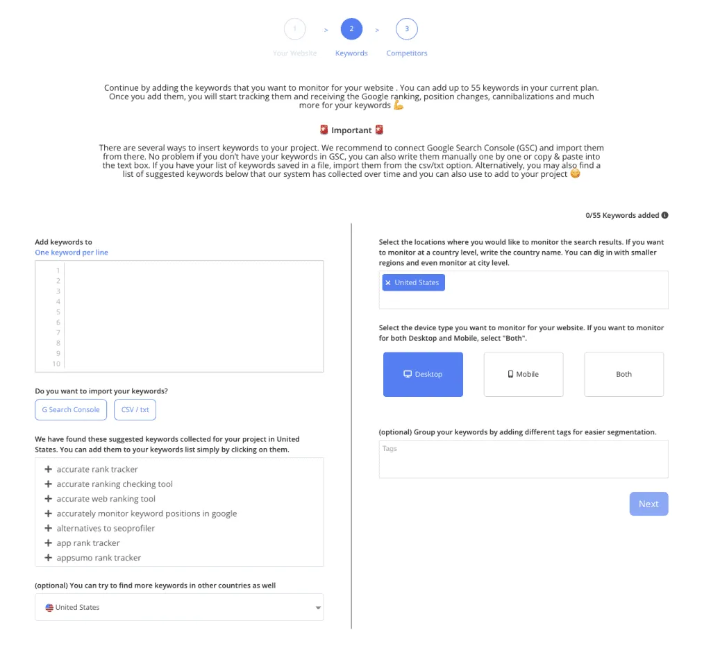 Step 2 of the wizard: the keyword box and the import buttons on the left, the location, device-type and tag controls on the right, with a 0/55 keywords-added counter above them.