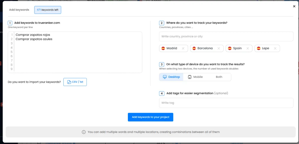 TrueRanker’s “Add keywords” dialog: keywords one per line, locations (Madrid, Barcelona, Spain, Lepe), device set to Desktop, and an optional tags field.