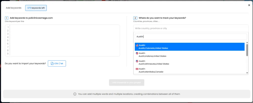 TrueRanker Add keywords dialog: keyword box on the left and a location search for Austin listing city matches in Colorado, Indiana and Minnesota.