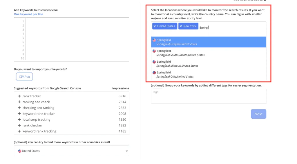 The location picker outlined in red: United States and New York already added as chips, and an open dropdown offering four Springfield matches in different states.