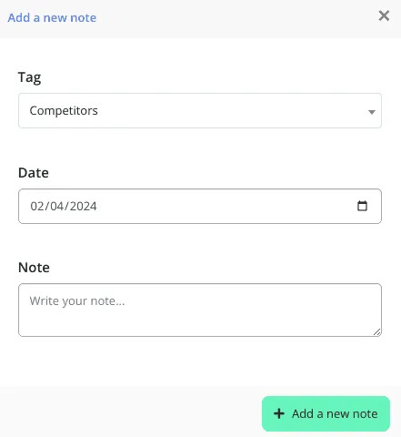 Add a new note dialog with the Competitors tag selected and a note field.