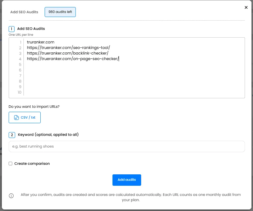 Add SEO Audits dialog with one URL per line, an optional keyword and the Add audits button.