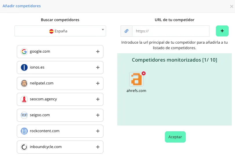 Diálogo Añadir competidores con dominios sugeridos a la izquierda y ahrefs.com ya monitorizado a la derecha.