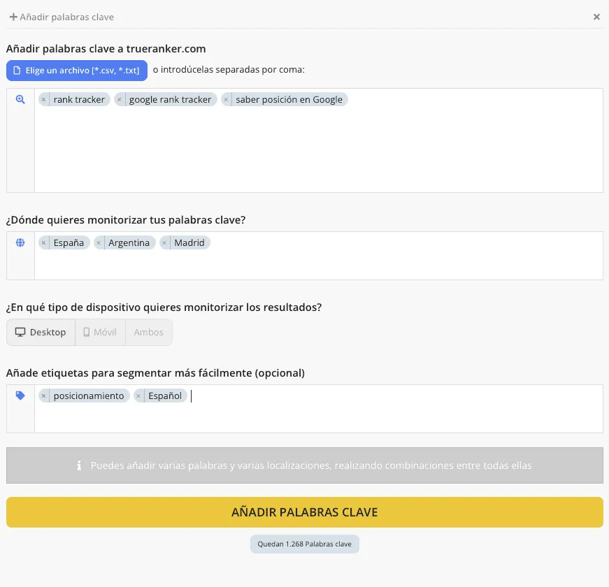 Diálogo Añadir palabras clave con las etiquetas posicionamiento y Español y Desktop seleccionado.