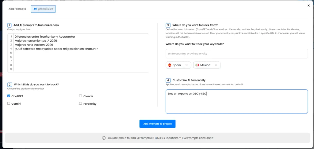 Diálogo Añadir prompts con cuatro prompts en español, ChatGPT marcado, chips de España y México, y personalidad de experto en GEO y SEO.