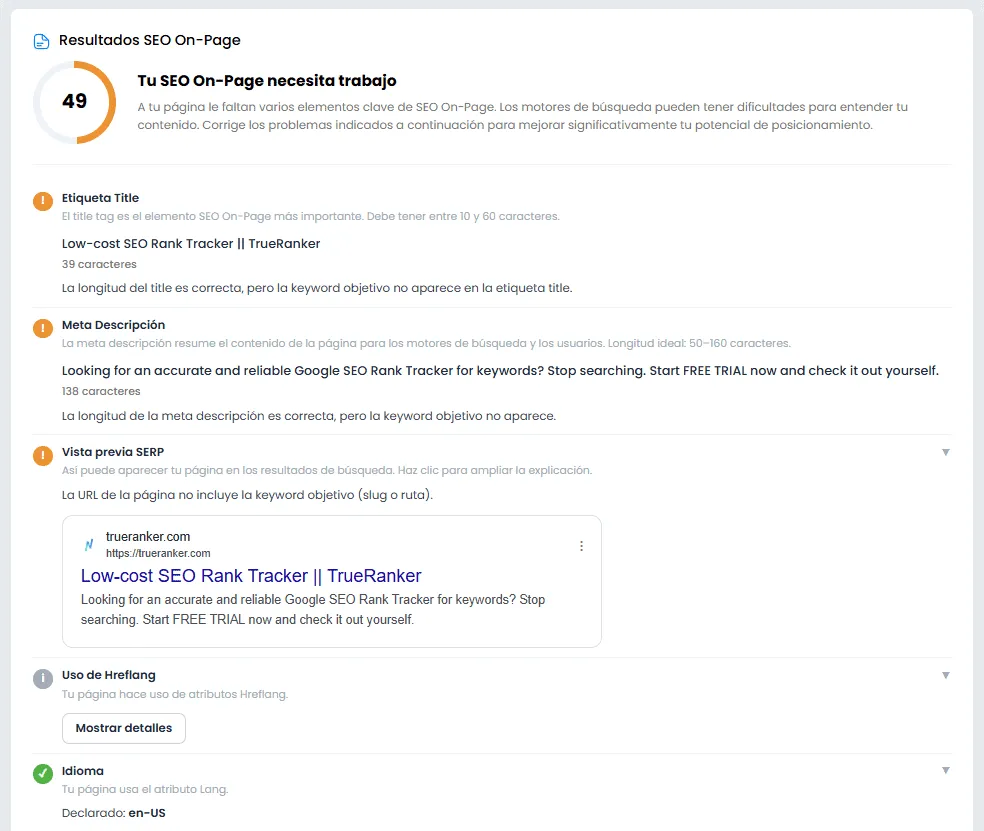Sección On-Page de la auditoría con títulos, encabezados, imágenes y ratio texto/HTML.