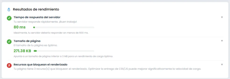 Sección de rendimiento de la auditoría con tamaño de página y tiempo de respuesta del servidor.