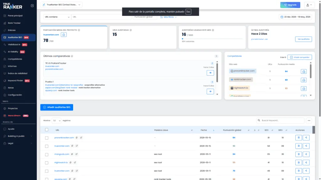 Dashboard de Auditorías SEO del proyecto con KPIs, últimas comparativas, competidores y la tabla de auditorías.