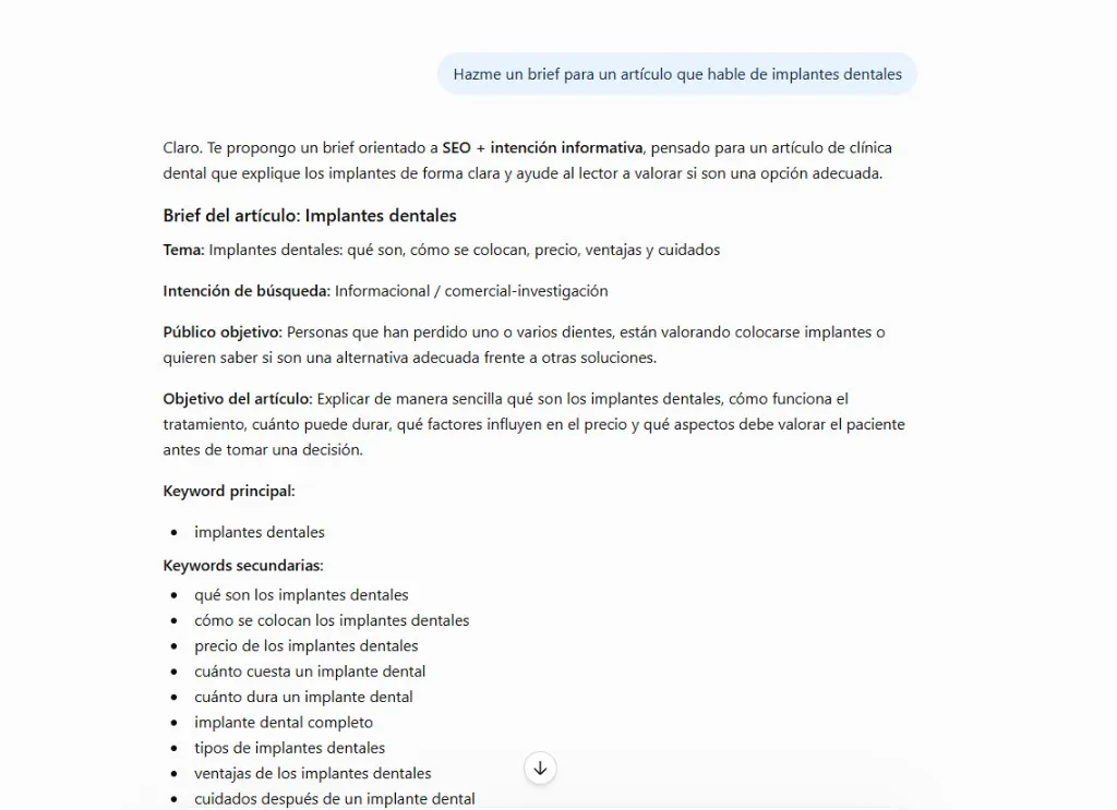 ChatGPT brief for an article about dental implants.
