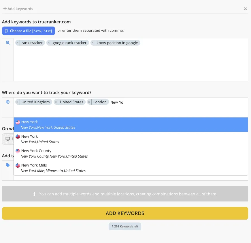 Add keywords dialog with United Kingdom, United States and London selected, and a New York location suggestion list open.