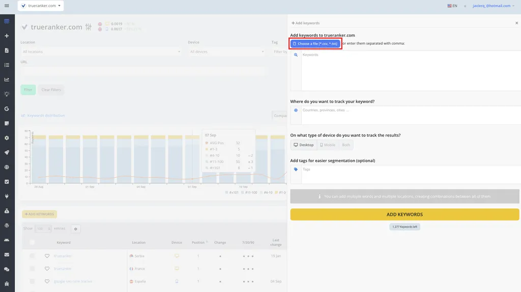 Add keywords panel with the Choose a file CSV or TXT button highlighted.