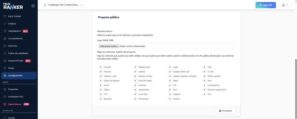 Panel Proyecto público con subida de logo y una cuadrícula de columnas visibles marcadas, más el botón Actualizar.