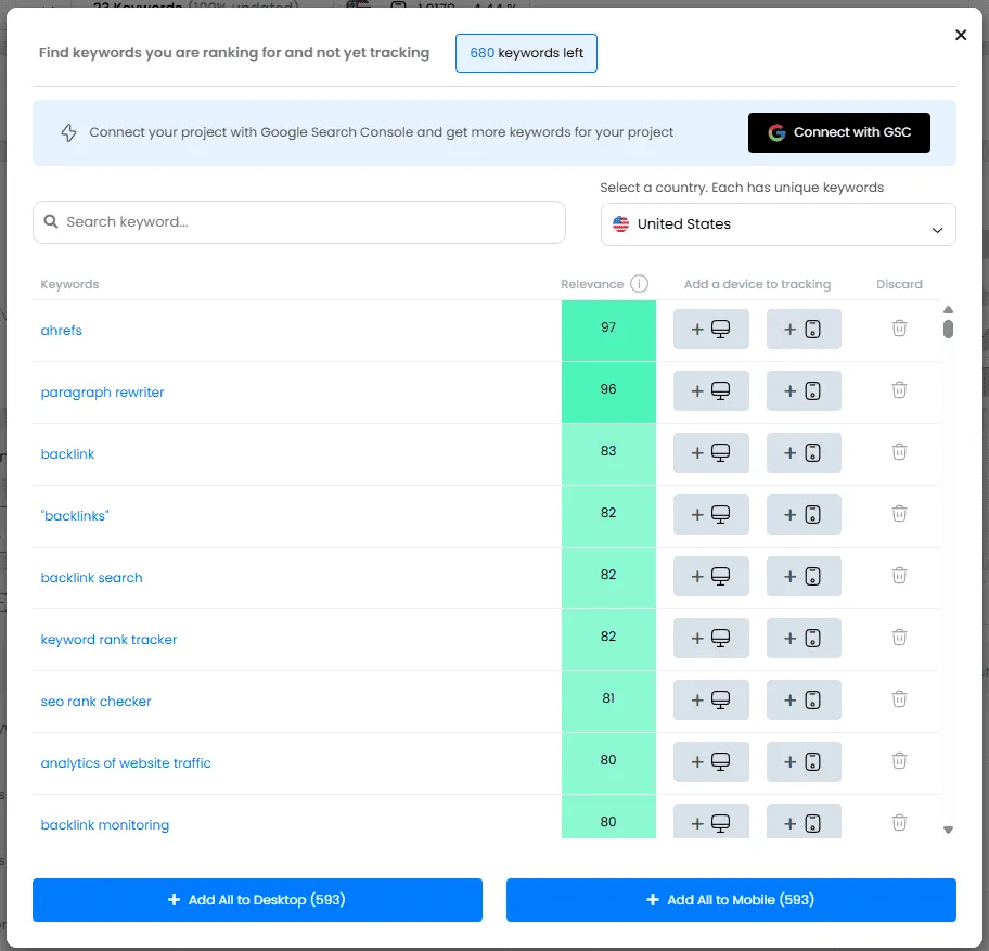 Suggestions window with a Connect with GSC banner above the keyword list.