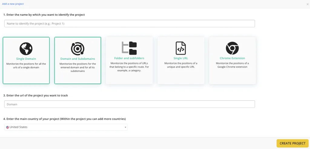 The Add a new project form: project name, five type cards with Single Domain selected, a domain field, a country dropdown set to United States, and a CREATE PROJECT button.