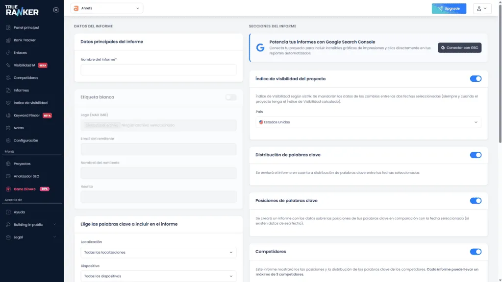 Create report form with report data on the left and PDF sections on the right.