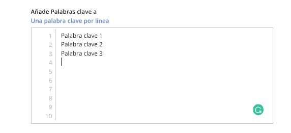 El cuadro «Añade Palabras clave a», una palabra clave por línea, con tres palabras clave escritas en un campo numerado de diez líneas.