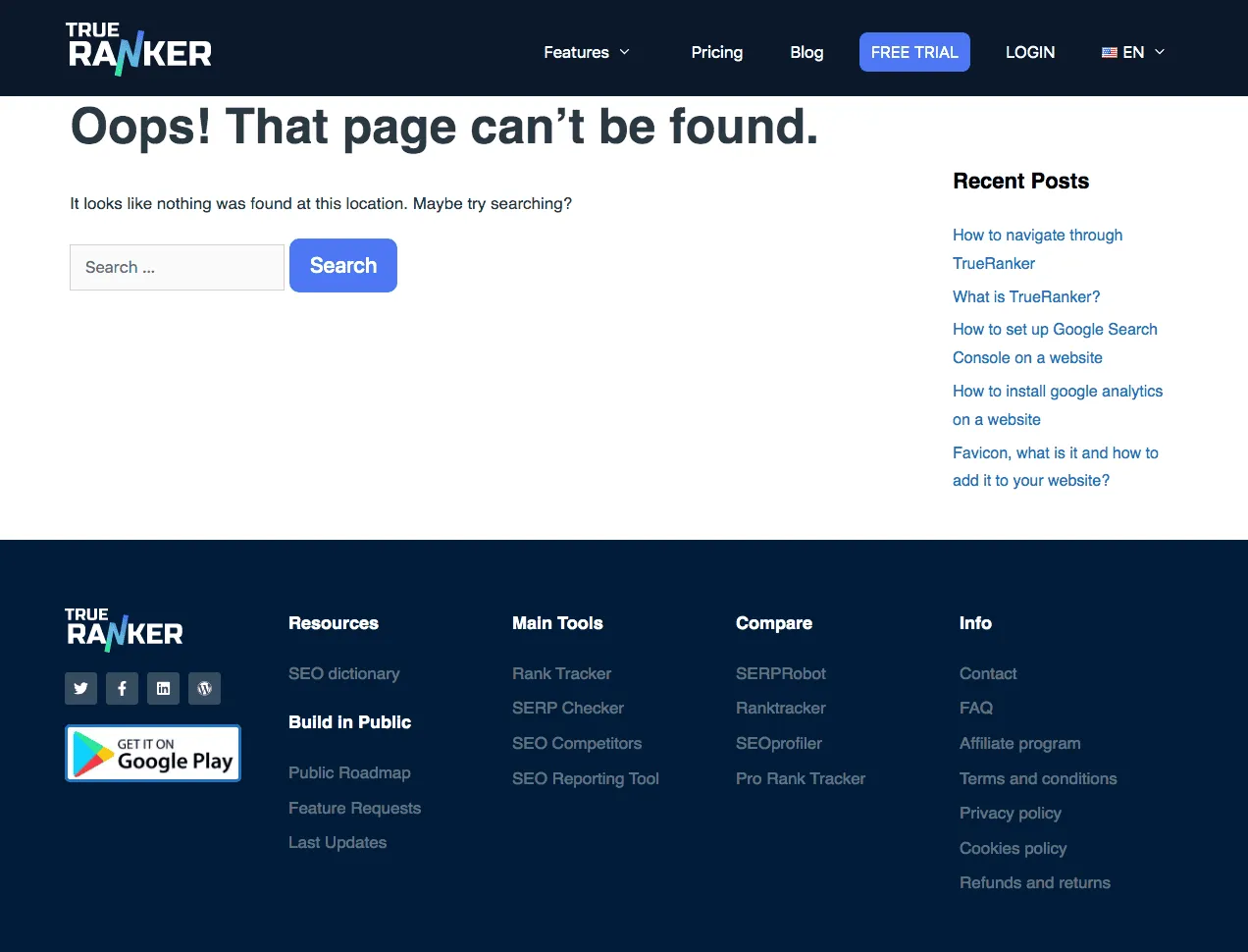 TrueRanker’s custom 404 page: Oops That page can’t be found, a search bar, and a Recent Posts list.