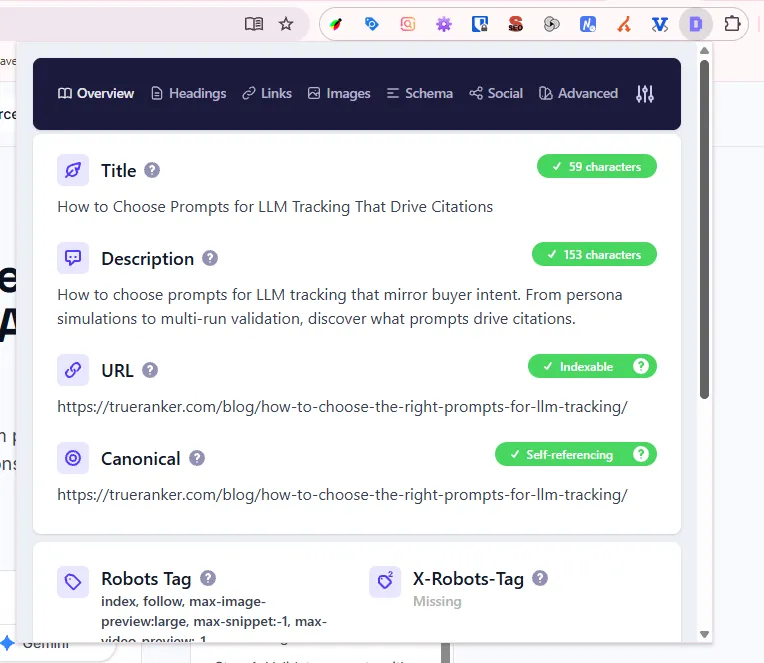 Detailed SEO Extension overview panel displaying title, description character count, indexability status, and canonical tag.