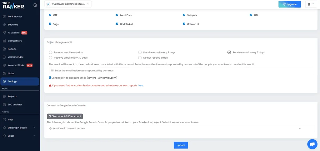 Project Settings showing Disconnect GSC account and the sc-domain:trueranker.com property selected.