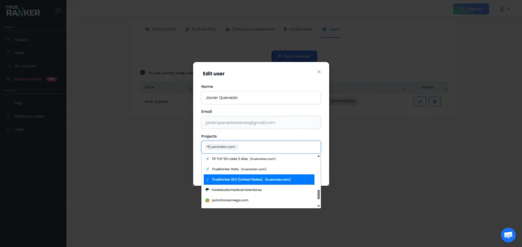 The Edit user modal over the Users tab, with Name, Email and a Projects dropdown listing the assigned projects.