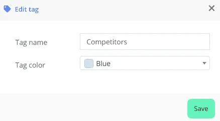 Edit tag dialog with the name Competitors and the color Blue.