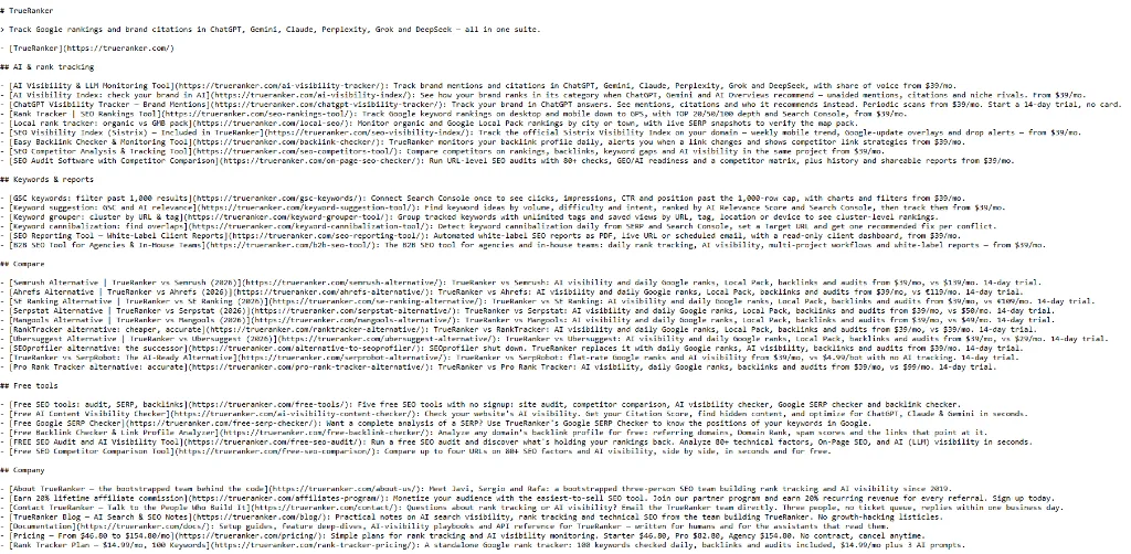 Real-world example of an llms.txt Markdown file with curated links, concise descriptions, and thematic sections