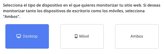 El selector de dispositivo con tres opciones — Desktop, Móvil y Ambos — y Desktop seleccionado.