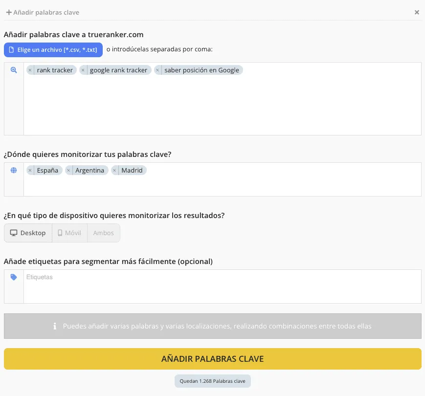 Diálogo Añadir palabras clave con España, Argentina y Madrid, y Desktop seleccionado.