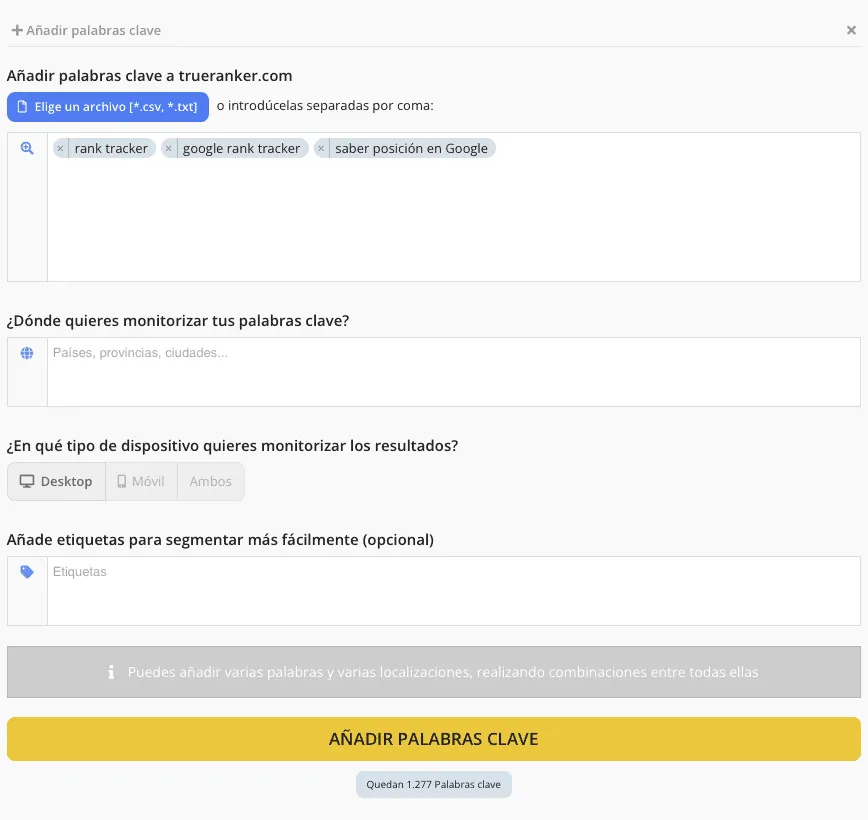 Diálogo Añadir palabras clave con rank tracker, google rank tracker y saber posición en Google como chips.