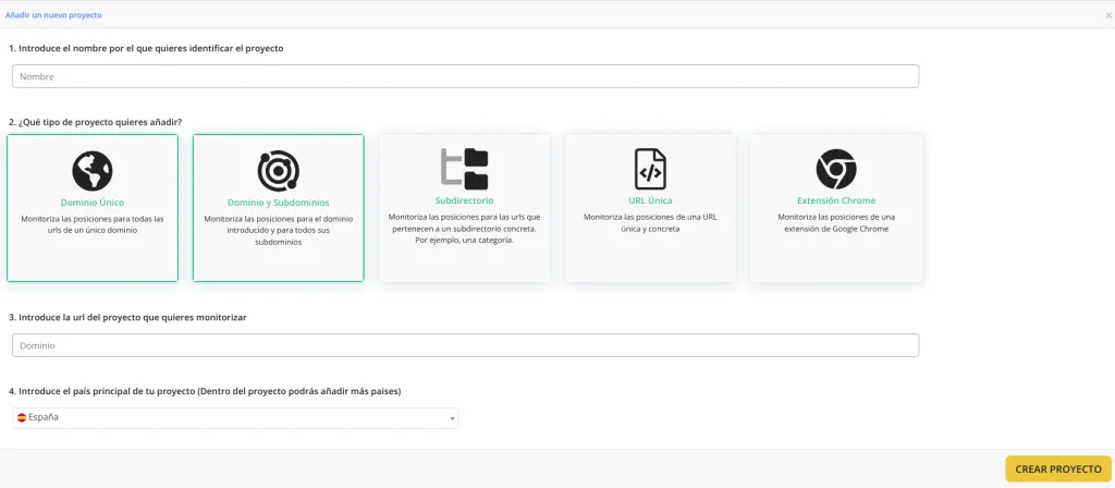 Formulario Añadir un nuevo proyecto: nombre, cinco tipos (Dominio y Subdominios seleccionado), campo Dominio, país España y botón CREAR PROYECTO.