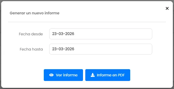 Generate a new report dialog with from/to dates and View report and PDF report buttons.