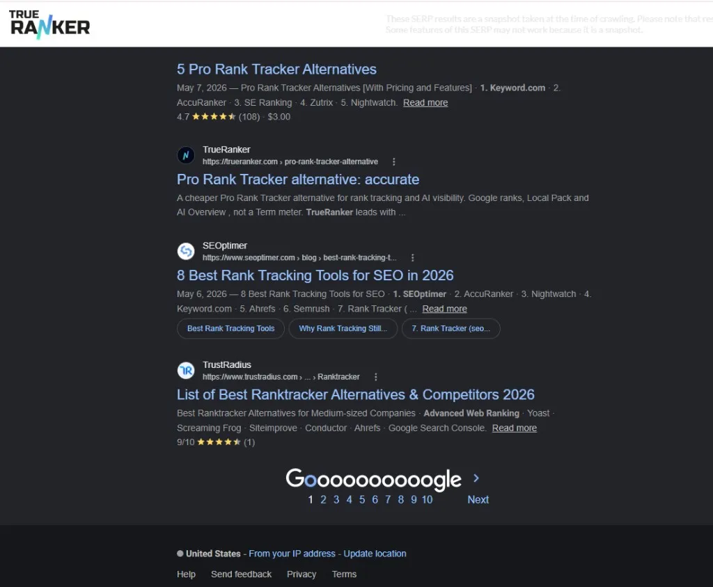 Screenshot van de SERP voor een zoekopdracht naar rank tracker alternative; de footer toont United States op basis van het IP-adres.