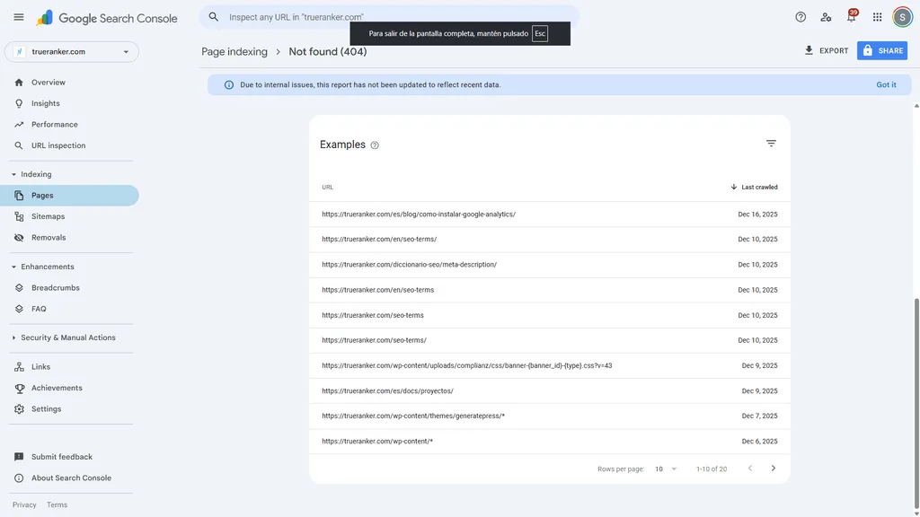 Google Search Console Page indexing report for trueranker.com, filtered to Not found 404, listing example URLs and last crawled dates.