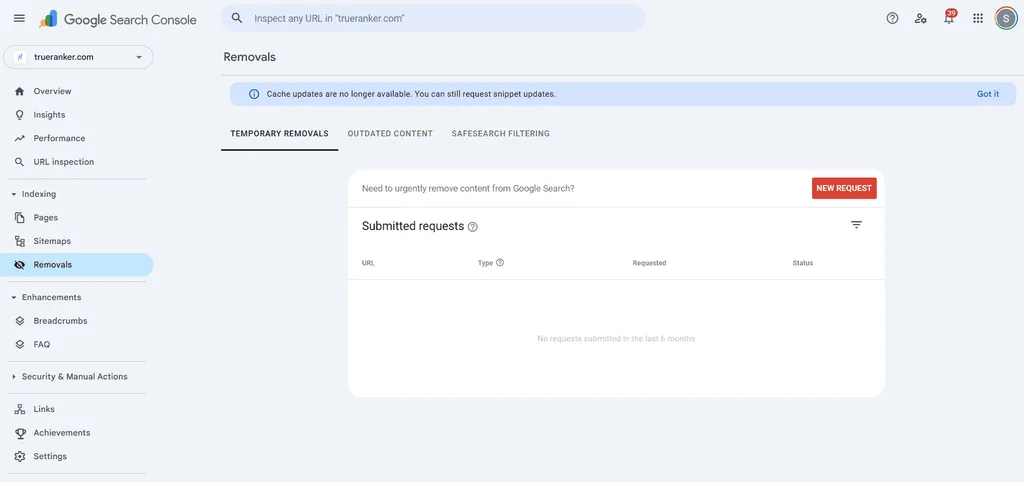 Google Search Console Removals page for trueranker.com, Temporary Removals tab, with a New Request button.