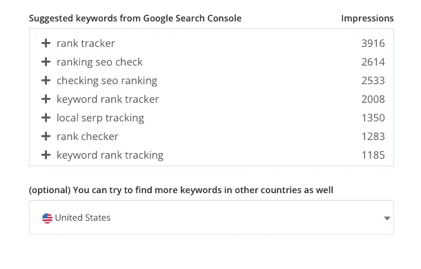 The list of keywords suggested from Google Search Console, each with its impression count and a plus button, above the country selector.