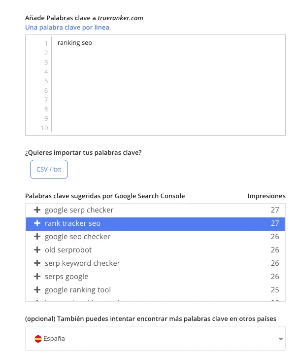 La lista de palabras clave sugeridas por Google Search Console, cada una con sus impresiones y un botón de añadir, sobre el selector de país.