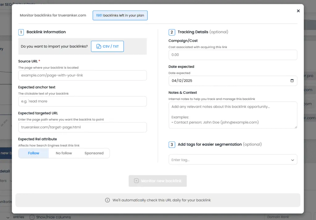 Monitor backlinks dialog with source URL, expected anchor, target URL, rel attribute, tracking details and tags.