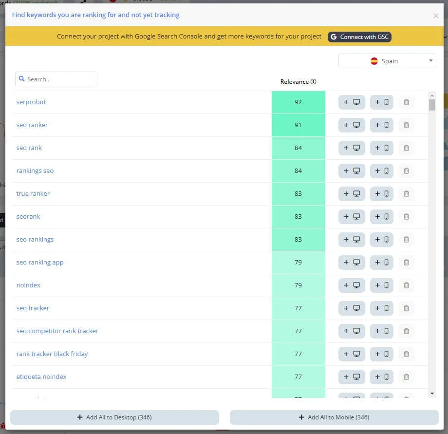 Ventana de sugerencias con puntuación de relevancia y botones para añadir cada keyword en escritorio o móvil.
