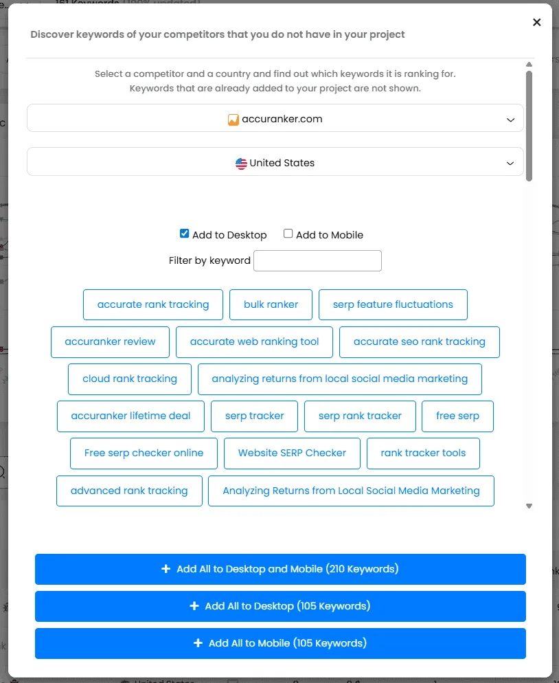 Descubrimiento de keywords en TrueRanker: eliges un competidor y un país, y la herramienta lista las palabras clave por las que posiciona y tú no sigues.