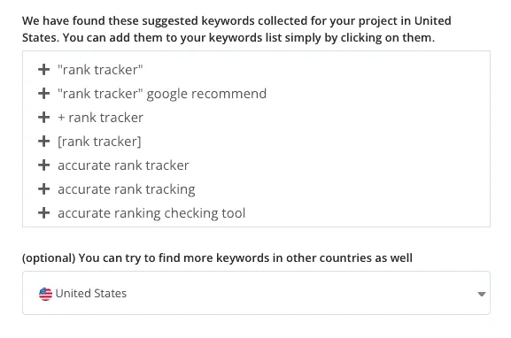 TrueRanker’s own suggested keywords for the project, each with a plus button that adds it to the keyword list.