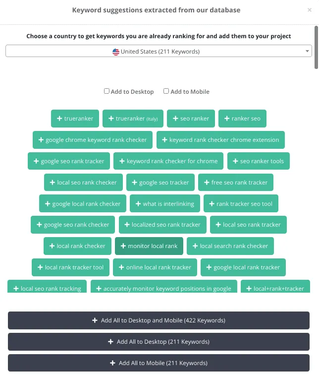 Keyword suggestions extracted from our database: a United States country selector, Desktop and Mobile checkboxes, a cloud of keyword chips, and buttons to add all to desktop, mobile or both.