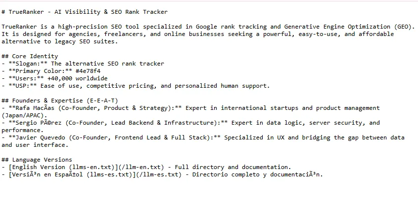 Archivo llms.txt de TrueRanker con el resumen del producto, fundadores y enlaces a la documentación en inglés y español.